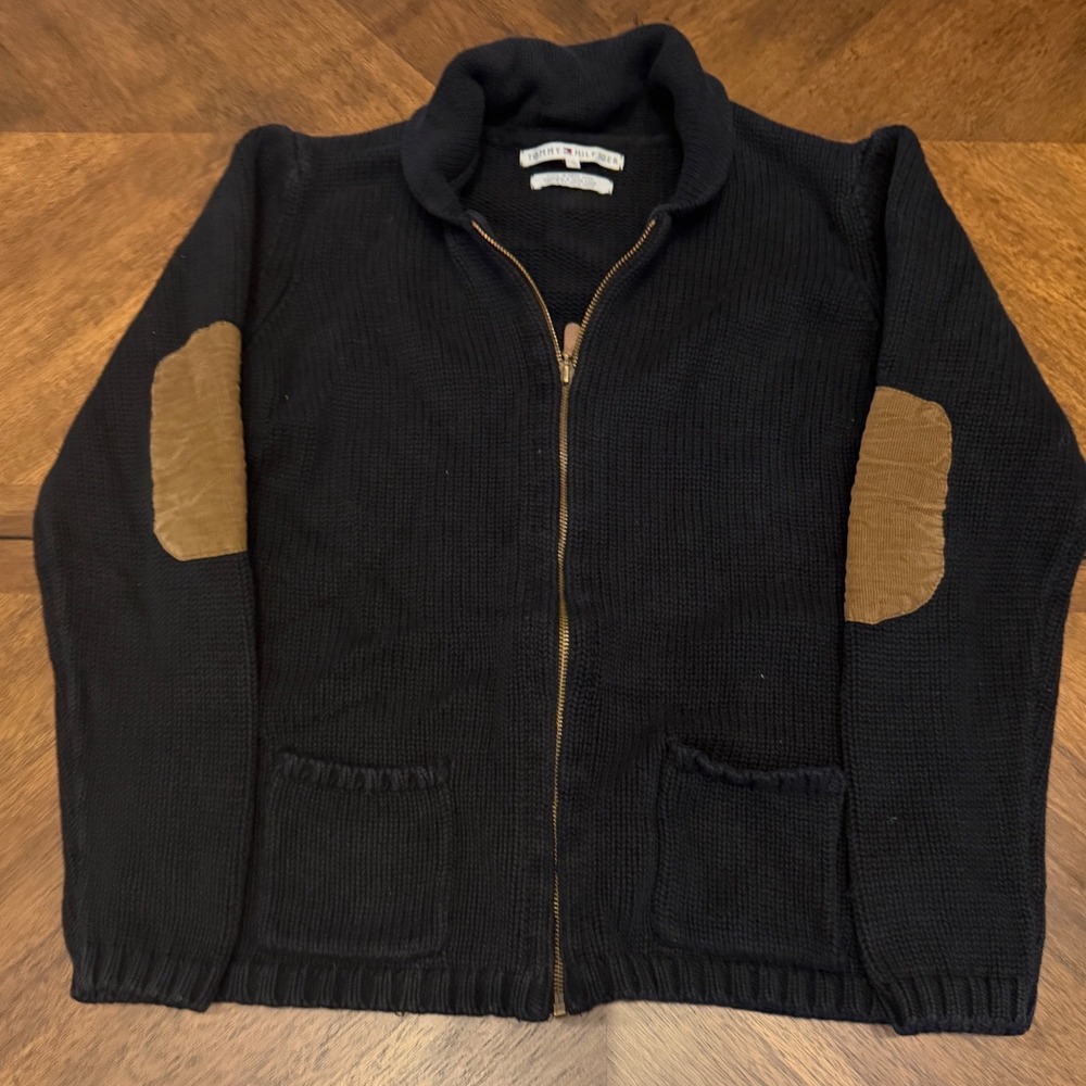Tommy Hilfiger Mens Navy Blue Full Zip Cardigan Sweater Elbow Patches Large